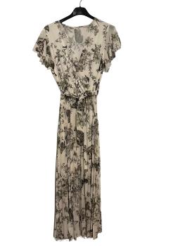 Sommerkleid Plissee lang beige mit grünem Muster