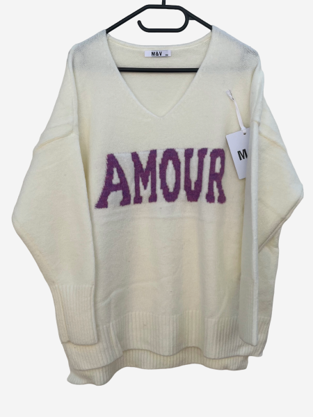 Pulli creme mit violetter Aufschrift AMOUR